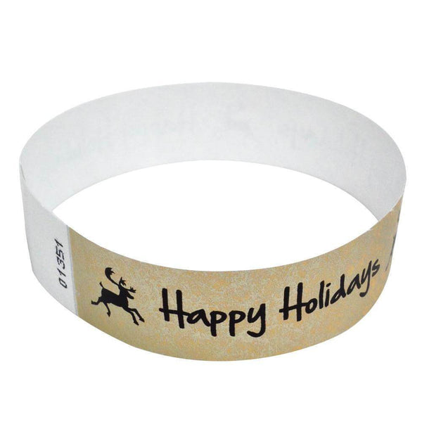 Event Wristbands Tyvek Stock - Holiday Happy Holidays Deer / Gold / 500 3/4" Tyvek Wristbands Pre-Printed Holiday/Christmas Bands