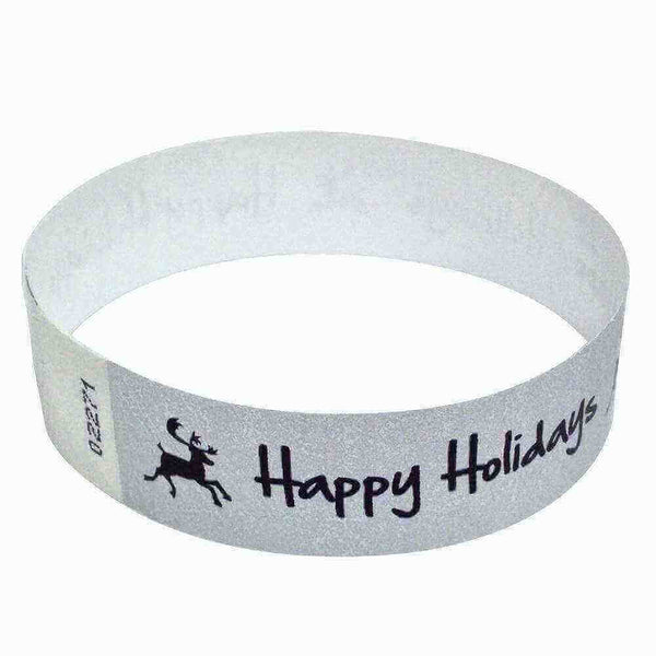 Event Wristbands Tyvek Stock - Holiday Happy Holidays Deer / Silver / 100 3/4" Tyvek Wristbands Pre-Printed Holiday/Christmas Bands