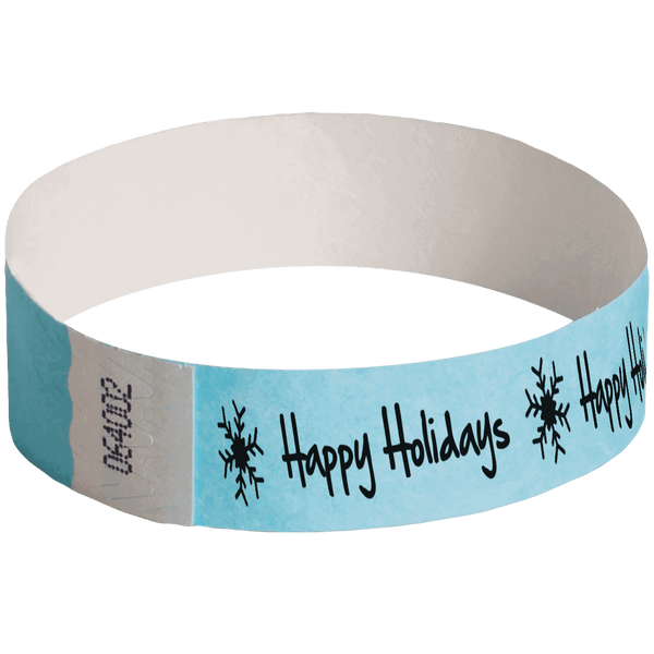 Event Wristbands Tyvek Stock - Holiday Happy Holidays Snowflake / Sky Blue / 100 3/4" Tyvek Wristbands Pre-Printed Holiday/Christmas Bands