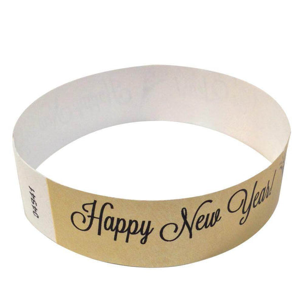 Event Wristbands Tyvek Stock - Holiday Happy New Years / Gold / 100 3/4" Tyvek Wristbands Pre-Printed New Year's Eve Designs