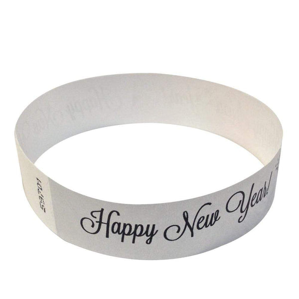 Event Wristbands Tyvek Stock - Holiday Happy New Years / Silver / 100 3/4" Tyvek Wristbands Pre-Printed New Year's Eve Designs
