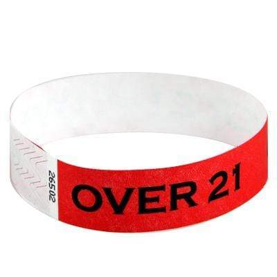 Event Wristbands Tyvek Stock - Over 21 100 / Over 21 / Bright Red 3/4" Tyvek Wristbands Pre-Printed Over 21