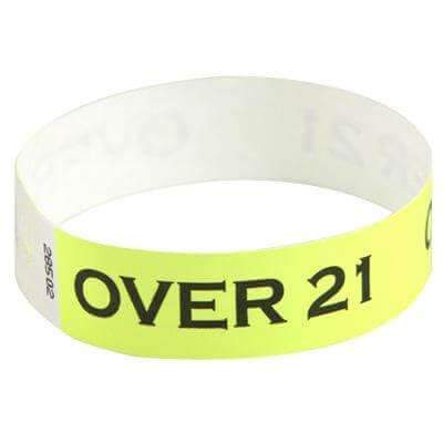Event Wristbands Tyvek Stock - Over 21 100 / Over 21 / Neon Yellow 3/4" Tyvek Wristbands Pre-Printed Over 21