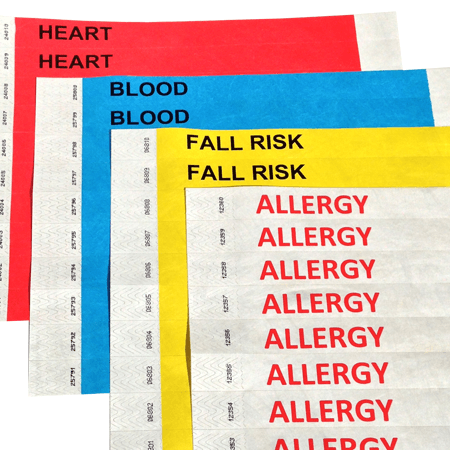 custom medical wristbands for hospitals and clinics with pre-printed text for heart, blood, fall risk and allergy