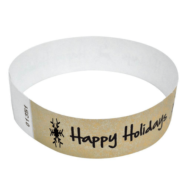 Event Wristbands Tyvek Stock - Holiday Happy Holidays Snowflake / Gold / 100 3/4
