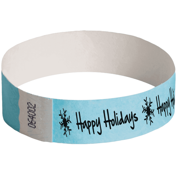 Event Wristbands Tyvek Stock - Holiday Happy Holidays Snowflake / Sky Blue / 100 3/4