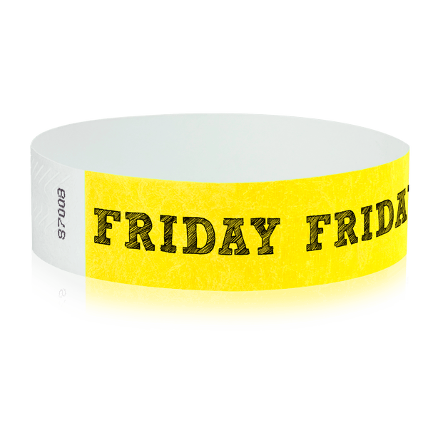 Event Wristbands Tyvek Stock - PrePrinted Friday / Neon Yellow / 100 Pre-Printed Days of the Week Wristbands