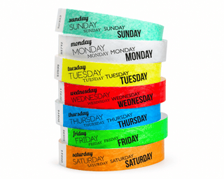 Event Wristbands Tyvek Stock - PrePrinted Pre-Printed Days of the Week Wristbands