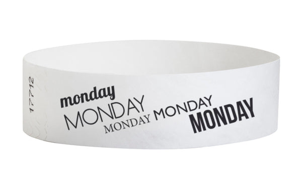 Event Wristbands Tyvek Stock - PrePrinted Pre-Printed Days of the Week Wristbands