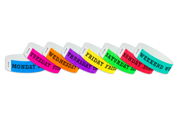 Event Wristbands Tyvek Stock - PrePrinted Pre-Printed Days of the Week Wristbands