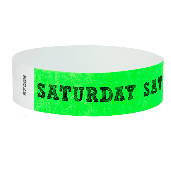 Event Wristbands Tyvek Stock - PrePrinted Saturday / Neon Green / 100 Pre-Printed Days of the Week Wristbands