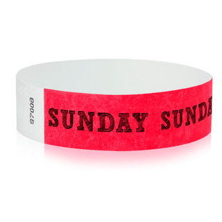 Event Wristbands Tyvek Stock - PrePrinted Sunday / Neon Red / 100 Pre-Printed Days of the Week Wristbands