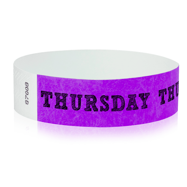 Event Wristbands Tyvek Stock - PrePrinted Thursday / Purple / 100 Pre-Printed Days of the Week Wristbands