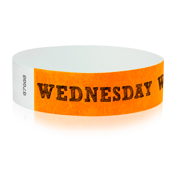 Event Wristbands Tyvek Stock - PrePrinted Wednesday / Neon Orange / 100 Pre-Printed Days of the Week Wristbands