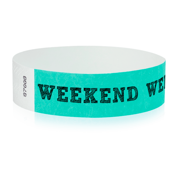 Event Wristbands Tyvek Stock - PrePrinted Weekend / Aqua / 100 Pre-Printed Days of the Week Wristbands