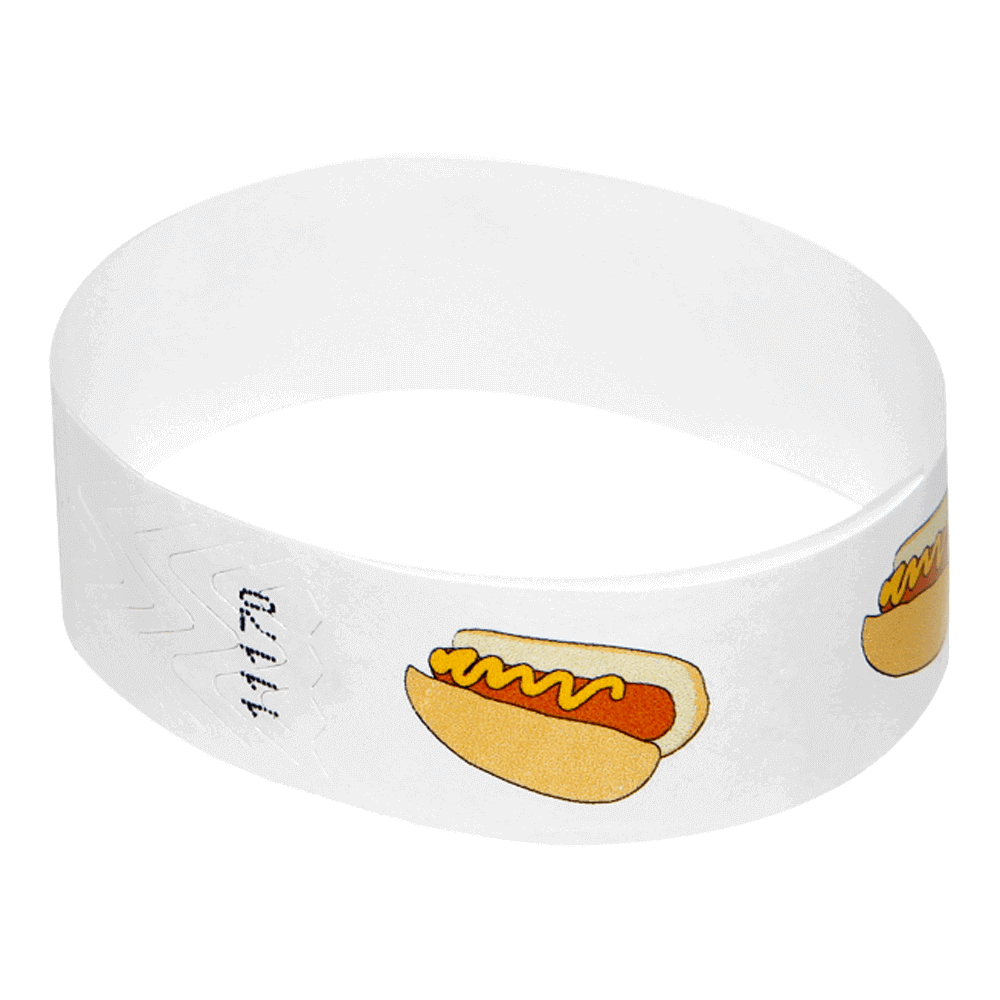 Event Wristbands Tyvek Stock - PrePrinted Hot Dog / White / 100 Pre-Printed Food Wristbands