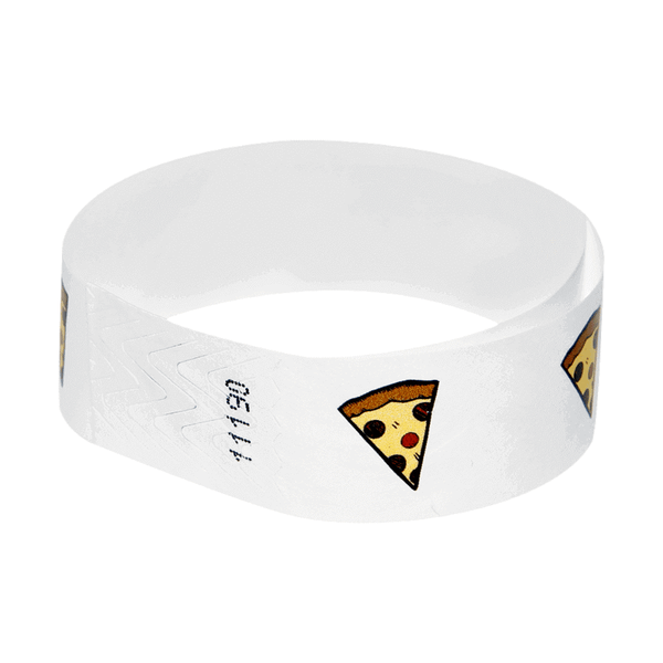 Event Wristbands Tyvek Stock - PrePrinted Pizza / White / 100 Pre-Printed Food Wristbands